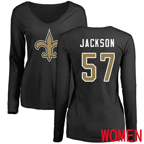 New Orleans Saints Black Women Rickey Jackson Name and Number Logo Slim Fit NFL Football #57 Long Sleeve T Shirt->women nfl jersey->Women Jersey
